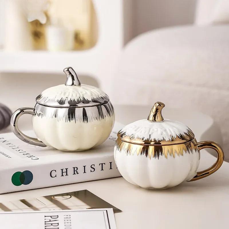 Creative Ceramic Pumpkin Cup with Lid Large Capacity Coffee Cup Latte Cup Breakfast Cups Home Couple Cups Water Cups Drink Ware