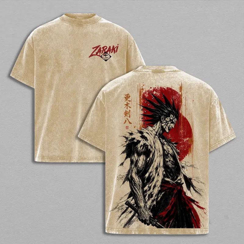Anime BLEACH Zaraki Kenpachi Printed Tee Men Women Washed Cotton T-shirts Short Sleeve Vintage T Shirt Harajuku Oversized Tshirt