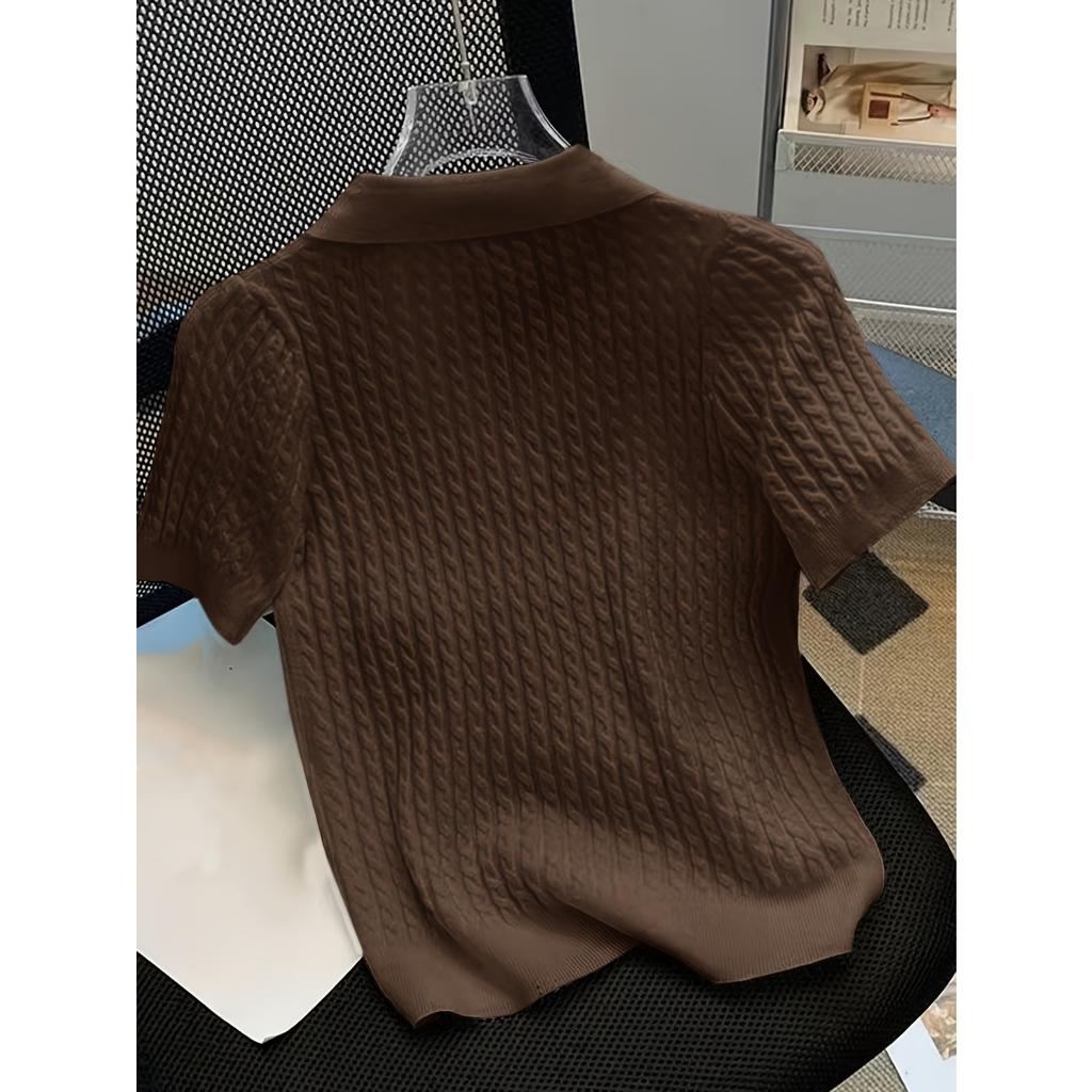 Temperament Lapel Ice Silk Knit Top Летняя свободная тонкая футболка с короткими рукавами