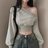 Women Irregular Off Shoulder Hoodies Long Sleeve Sexy Crop Top Streetwear Pullovers Sweatshirt 2024 Autumn Winter