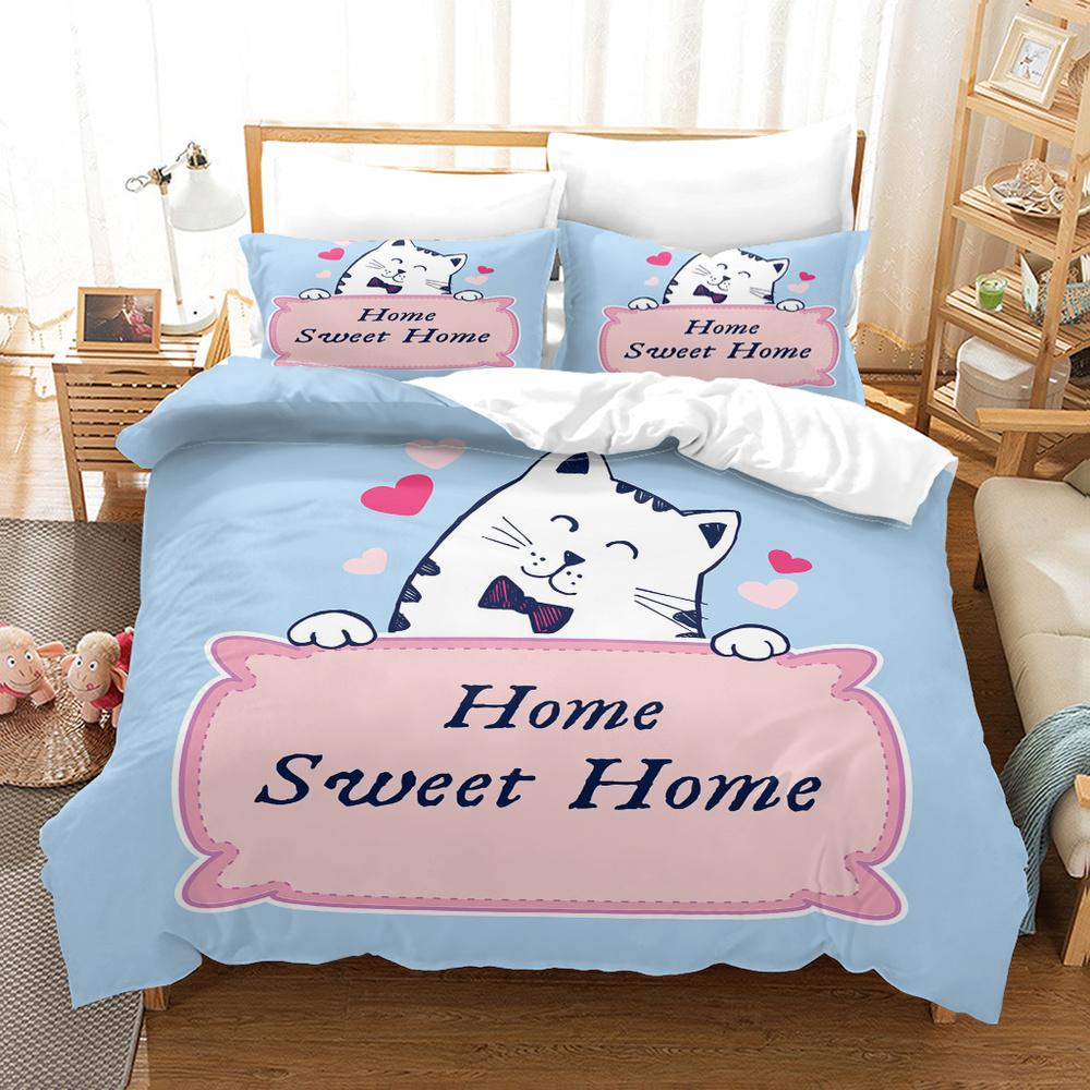 Cartoon Cat King Full Queen Duvet Cover Lovely Pet Kitty Bedding Set Animal Quilt Cover 2/3pcs Purple Polyester Comforter Cover