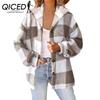 Women's Printed Plaid Hooded Button Jacket Plush Warm Coat