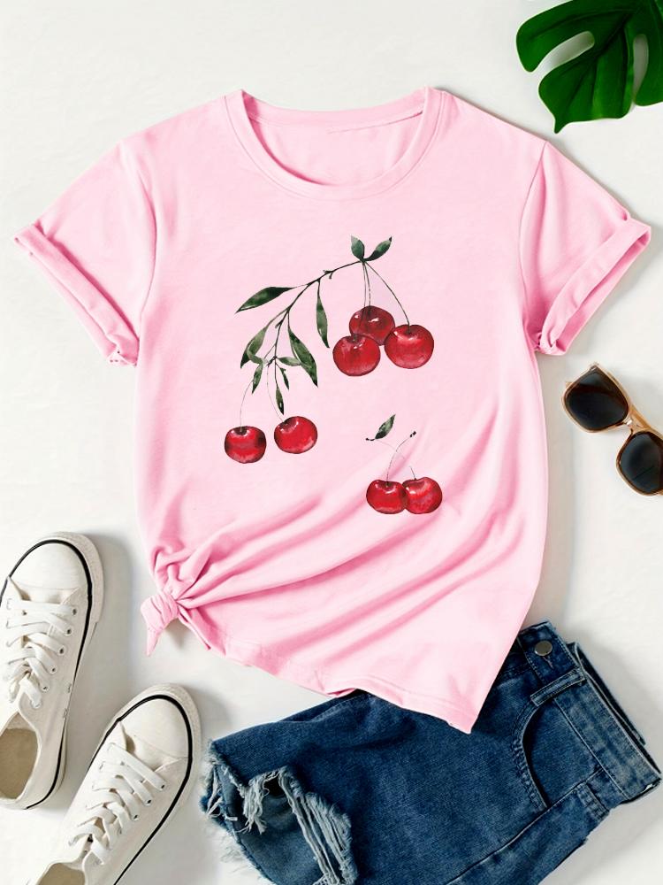 Funny Red Cherry Graphic Print Women Tee 90s Girl Trendy Short Sleeve O-Neck Summer Female Clothes Harajuku Casual Aesthetic Tee