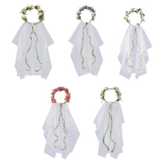 Bridal Veil Lightweight Breathable White Tulle Headband with Bows Flowers Decor Children Versatile Party Headwear Hair Accessory