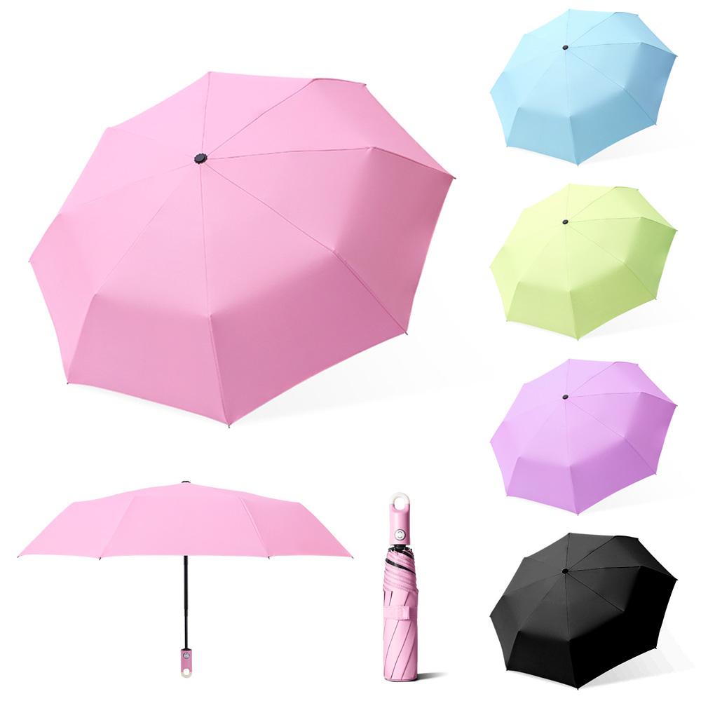 Автоматический одноцветный зонт 8K, 3-складной ветрозащитный зонт от солнца с вращающейся на 360 градусов ручкой-крючком