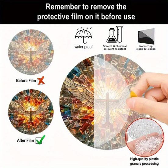 Angel Wing Suncatcher Hanging Decoration Stained Glass 2D Flat Acrylic Glass Window Wall Hanging Round Sign Ornament Christian Religious Gift