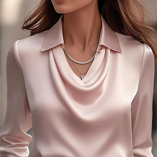 Women Shirt Lapel Swing Collar Long Sleeve Casual Loose Fit Shirt Solid Color Versatile Smooth Satin Shirt Daily Wear