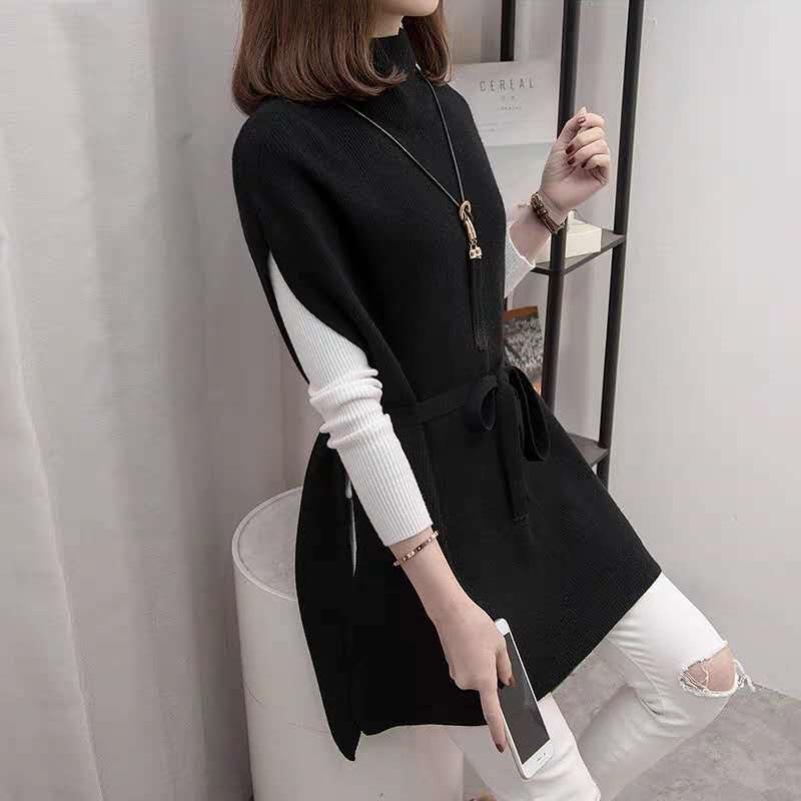 Half Turtleneck Knitted Vest Mid-length Women's Waistcoat Loose Sweater Pullover