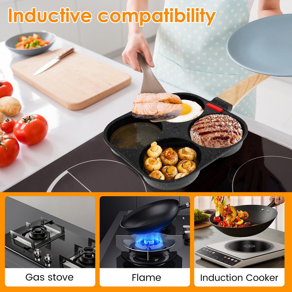 Non Stick 4-Cup Egg Frying Pan with flipping Lid Aluminum Pancake Egg Cooker with Spatula and Brush Burgers Omelet Cooking Pan