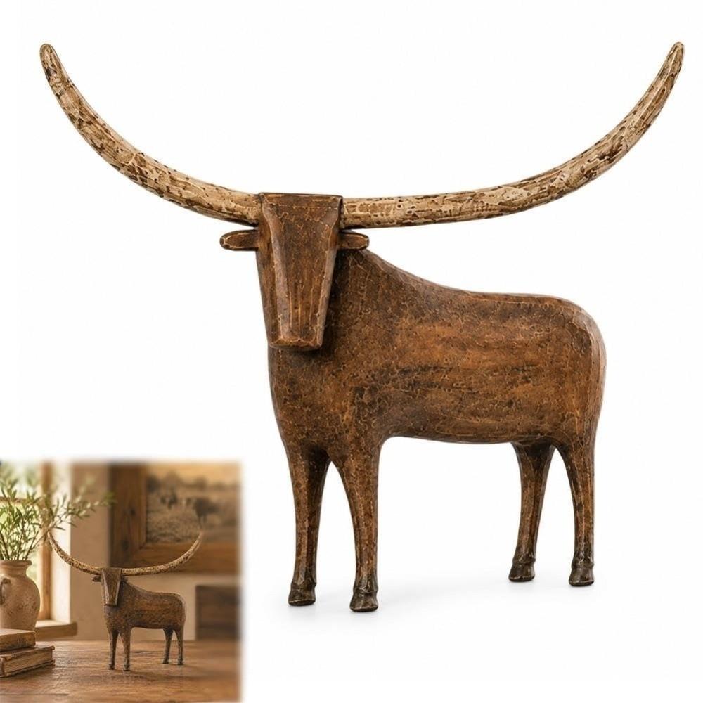 Rustic Longhorn Bull Sculpture Vintage Style Resin Bull Tabletop Statue Farmhouse