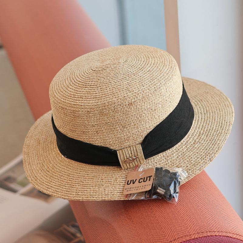 Lafite grass~ French textured webbing flat-top straw hat women's beach vacation sun protection versatile top hat spring and summer