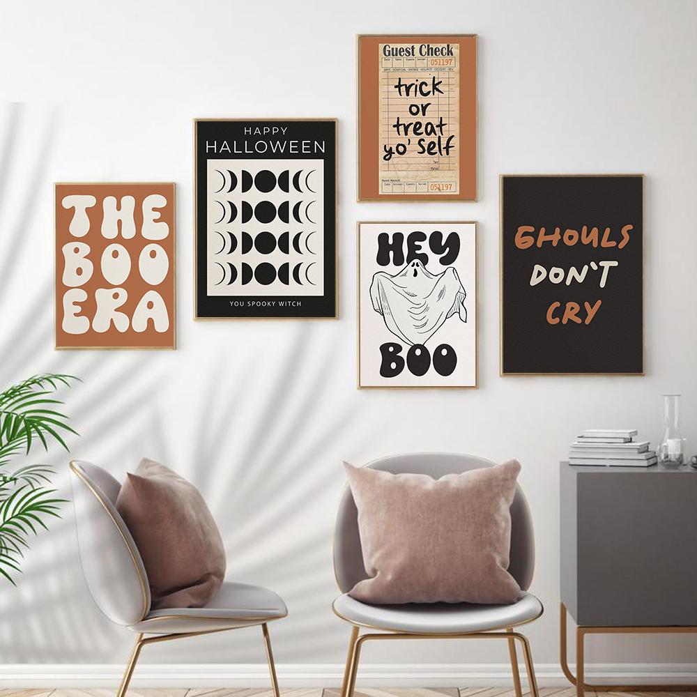 Halloween Spooky Witchy Skeleton Ghost Poster Prints Canvas Painting Cartoon Quote Wall Art Picture for Kids Room Home Decor