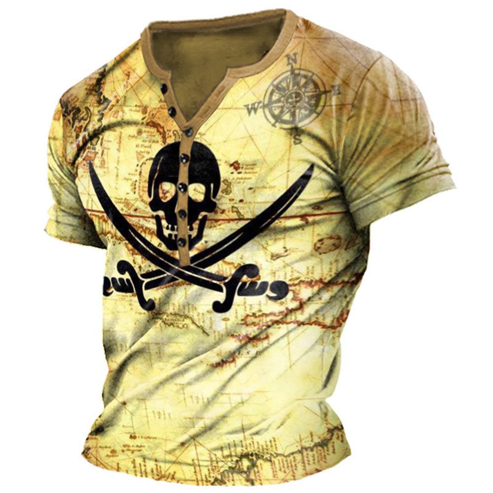 Винтажная футболка для мужчин, рубашка на пуговицах с 3D принтом, готическая хлопковая футболка с v-образным вырезом, большие топы с короткими рукавами, футболки, мужская уличная одежда в стиле панк