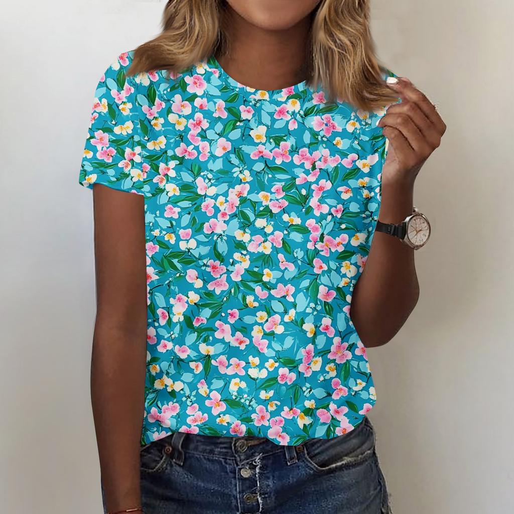 Women's Fashion Casual Printed Round Neck Short Sleeved T-Shirt Top T-Shirt Top Top