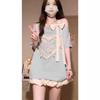Chic One-Shoulder Lace Bow Cotton T-Shirt - Summer Short-Sleeve Loose Fit