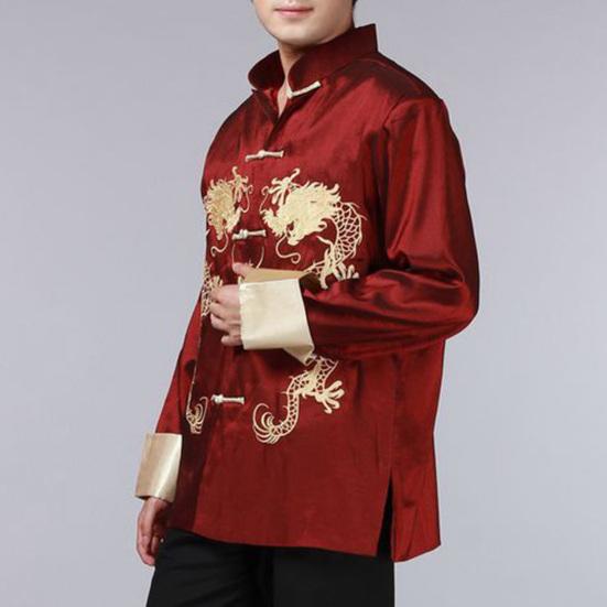 Пиджак в стиле Тан с двумя драконами в стиле ретро с длинными рукавами и стойкой в китайском стиле