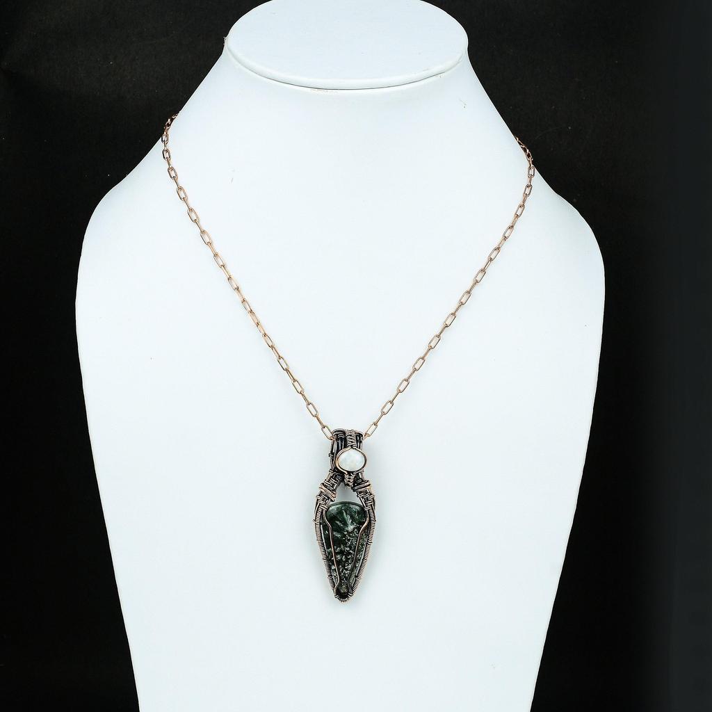 Подвеска из меди серафинит, подвеска из медной проволоки, дизайнерские украшения из драгоценных камней, подвеска из радужного лунного камня, ювелирные изделия ручной работы, подарок другу