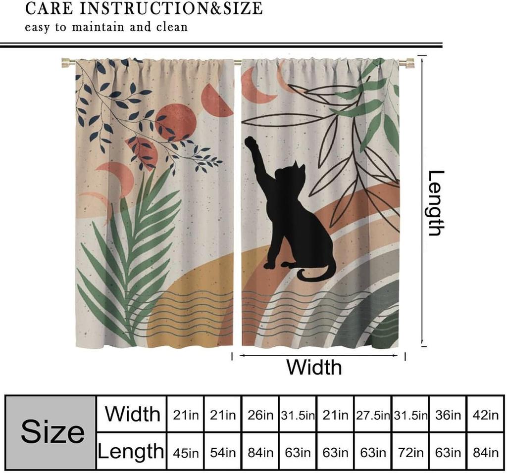 Mid Century Moon Cat Curtain Retro Black Cat Leaves Sun Moon Leaves Boho Abstract Geometric Arch 70s Window Drapes for Bedroom