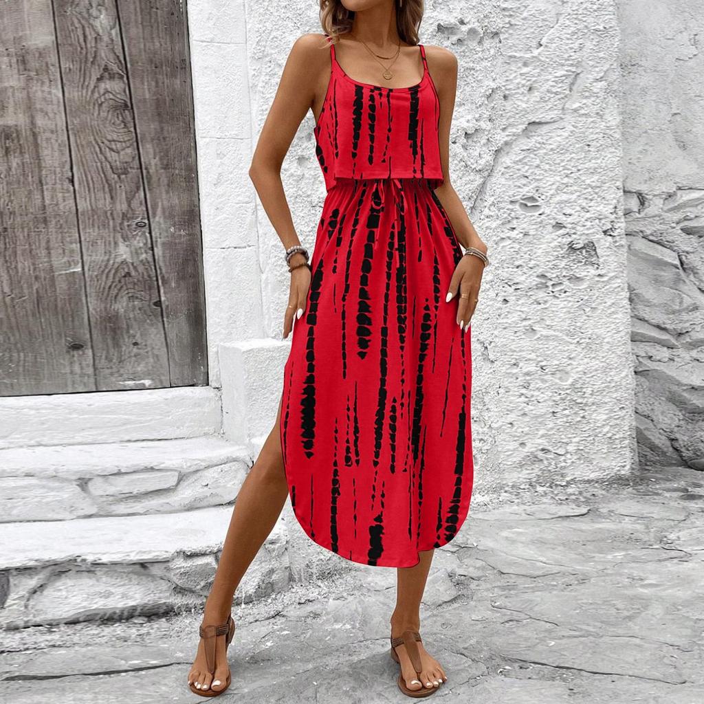 Women's Fashionable Retro Printed Camisole Waist Cinching Casual Dress