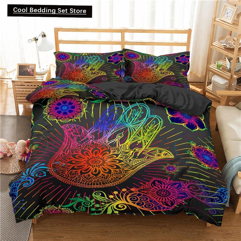 Comforter Hamsa Hand King Queen Gold Lucky Hand Of Fatima Bedding Set Black Boho Hippie Polyester Comforter