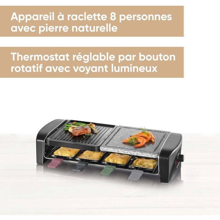Appareil a raclette 8 personnes - SEVERIN - RG9690 - Plaques de cuisson combinées pierre naturelle + plaque anti adhésive - 1400W
