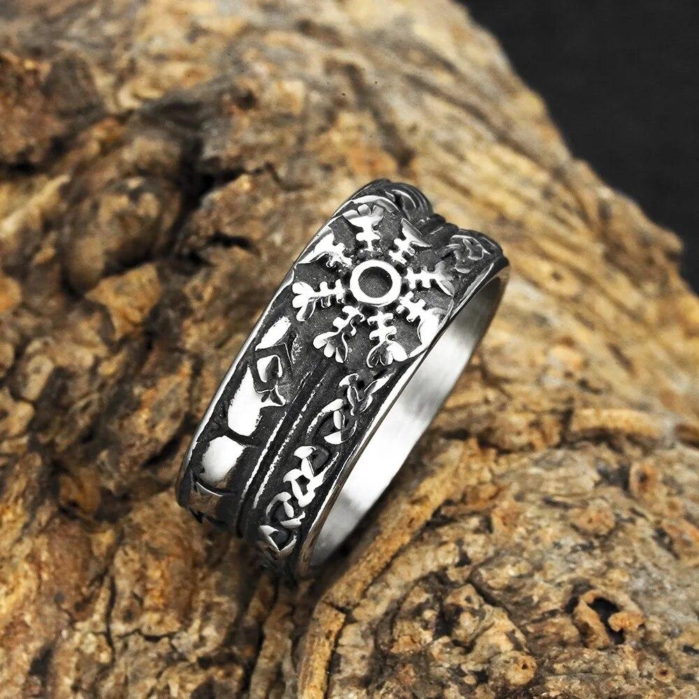 Men Biker Nordic Viking Rings Stainless Steel Retro Nordic Ethnic Belief Odin Viking Rune Ring Men Amulet Jewelry
