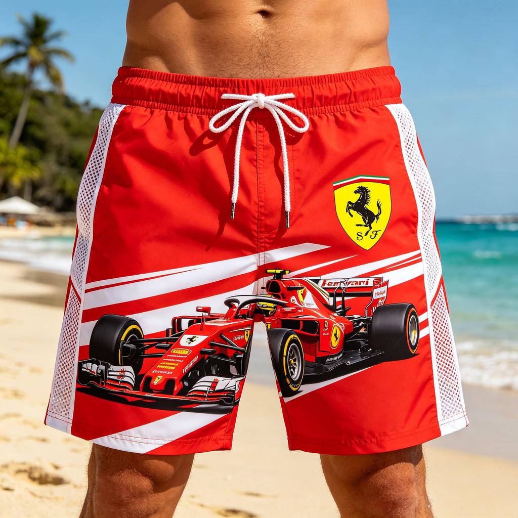 2026 Пляжные шорты Ferrari Racing Print Быстросохнущие Летние Спортивные Board Shorts На шнурке