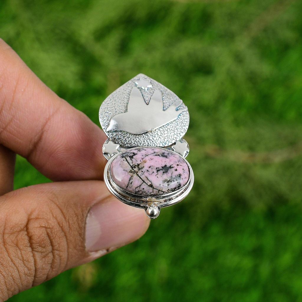 День женщин Распродажа Родонит Драгоценный камень Стерлинговое серебро Птица Ручная работа Кольцо для сестры