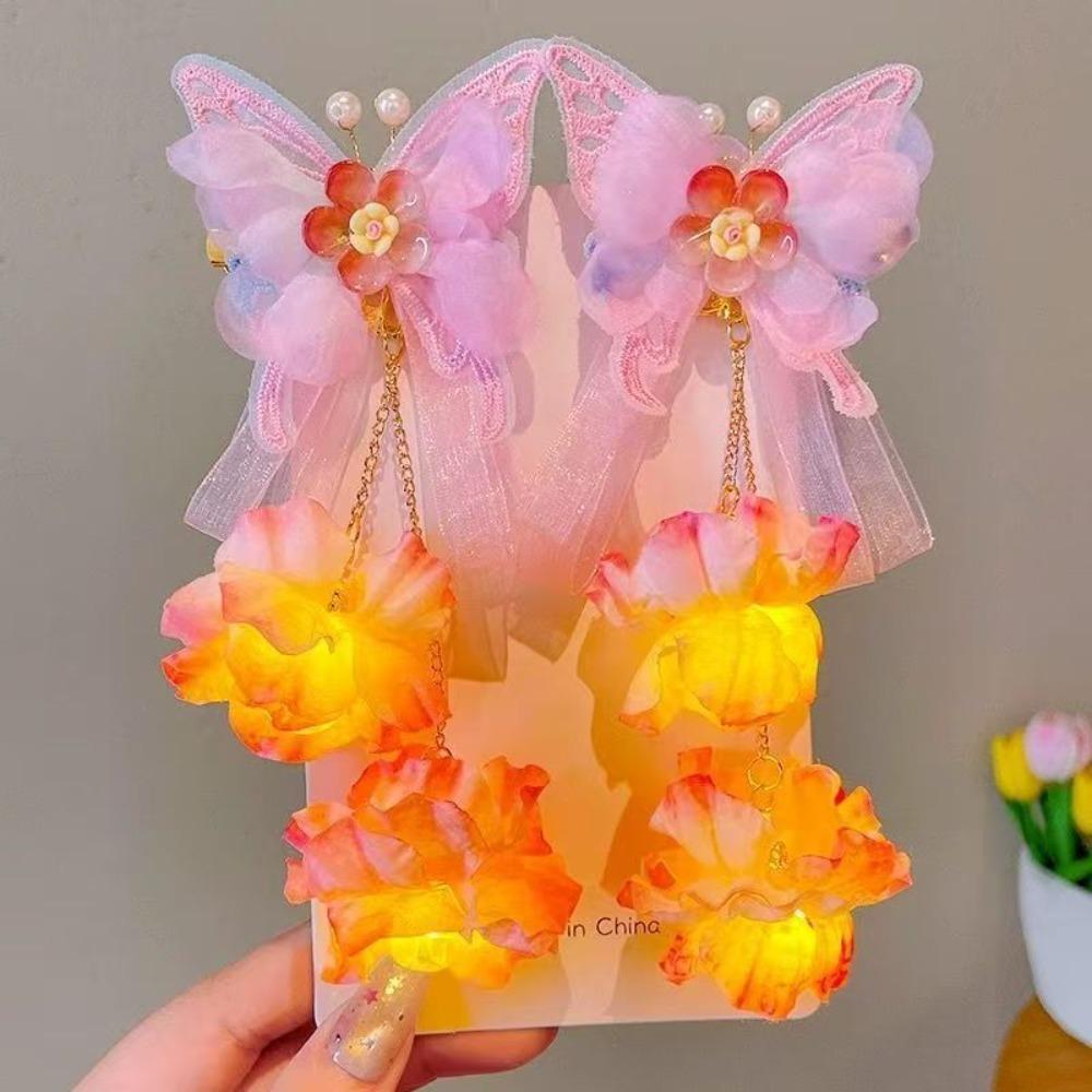 2pcs/set Luminous Flower Faux Flower Hairpin Extra Large Shake Tassels Tassel Hair Clip Silk Butterfly Hairclips Children's Use