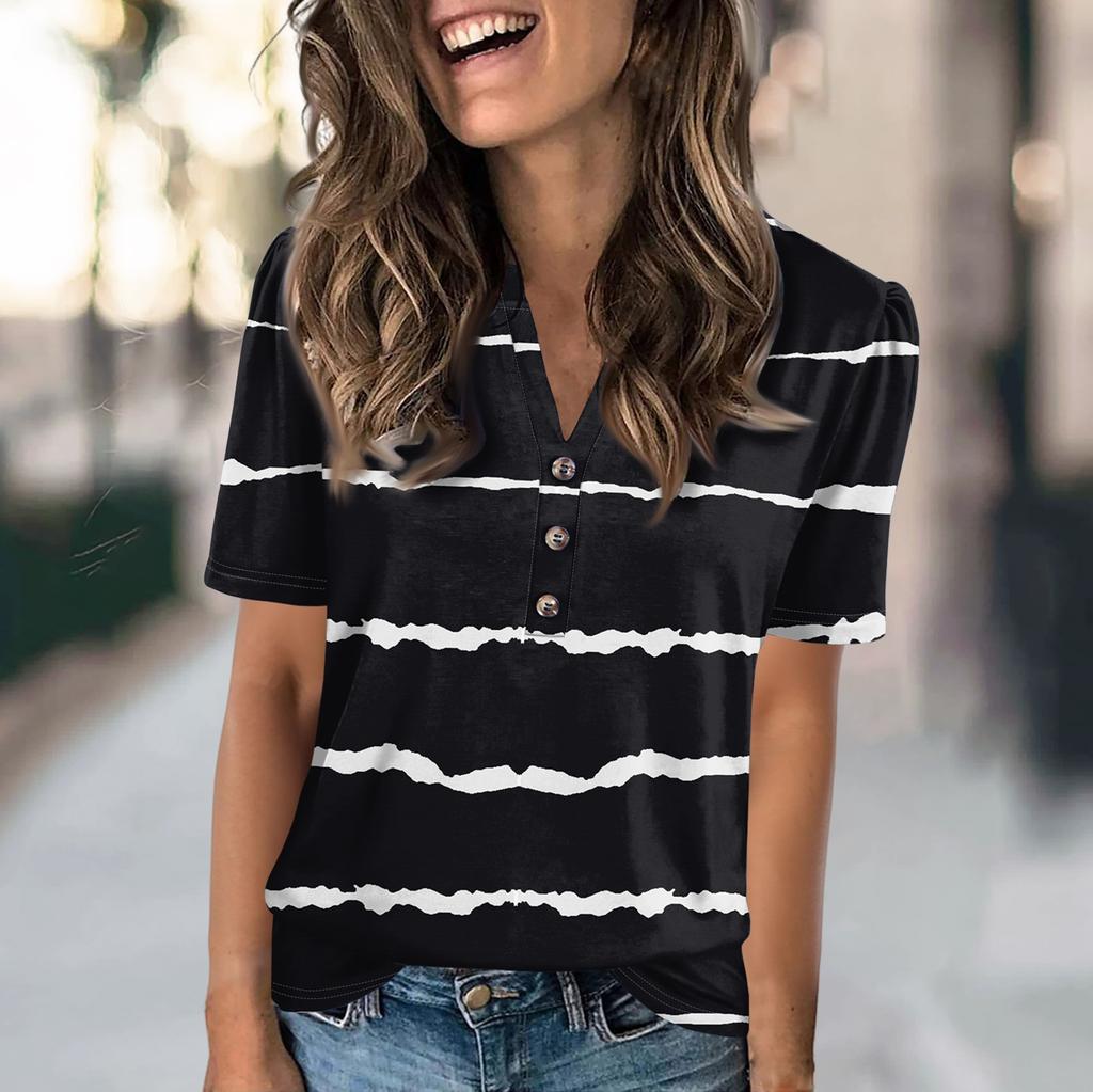 Женская модная повседневная футболка с полосатым принтом и V-образным вырезом, коротким рукавом, на пуговицах