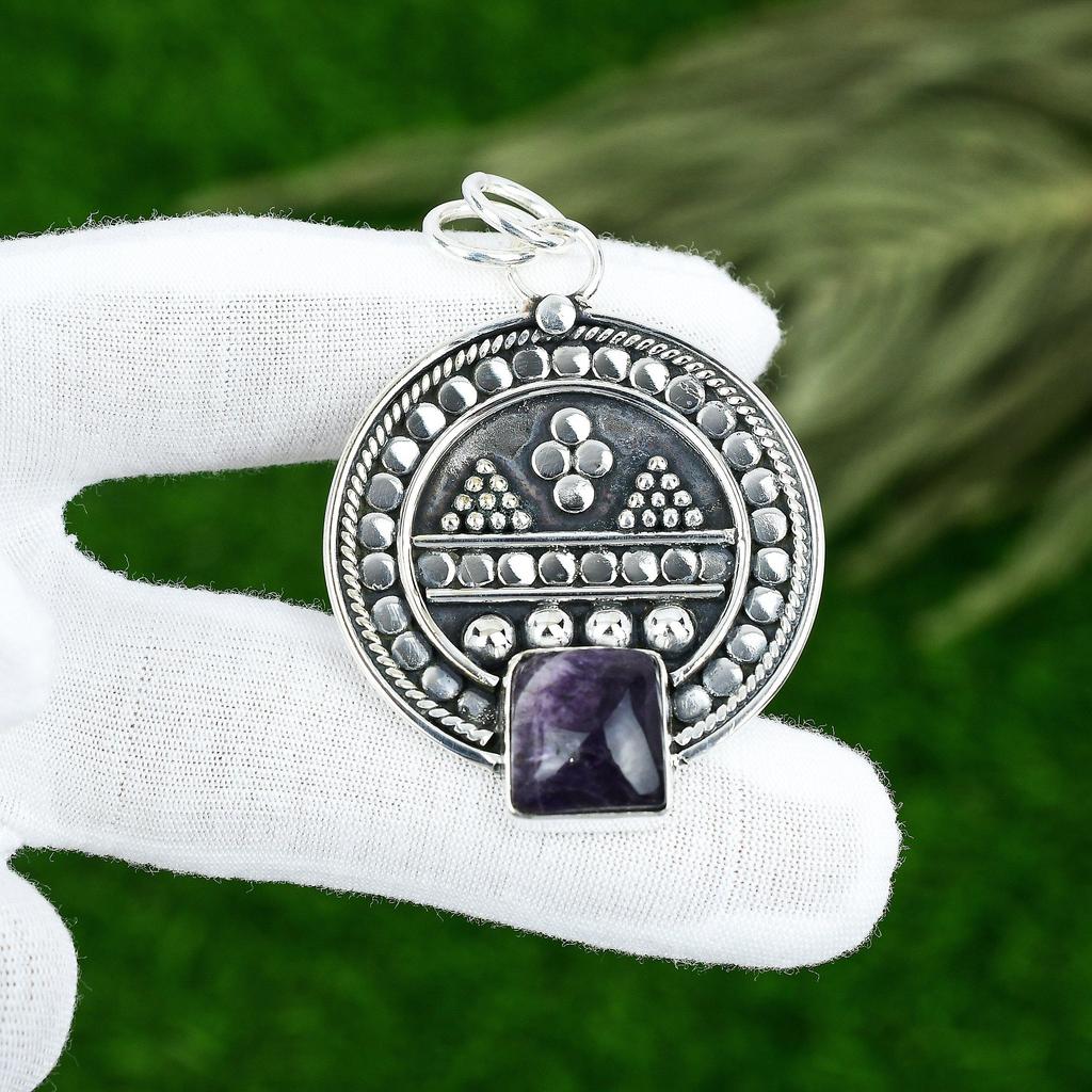 Friendship Day Deal Sterling Silver Chevron Amethyst Gemstone Bezel Wife Pendant