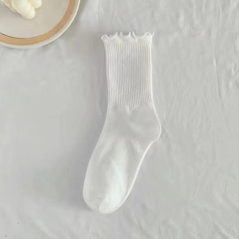 Women's Milk White Lace Ruffled Trim Mid-Calf Socks - Japanese Lolita Style