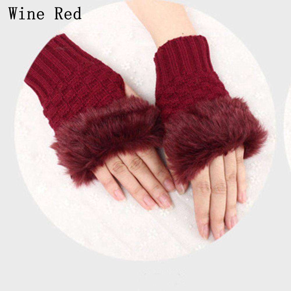 Warm Knitted Sheep Wool Couples Fingerless Mittens Wrist Gloves Faux Rabbit Fur Exposed Finger