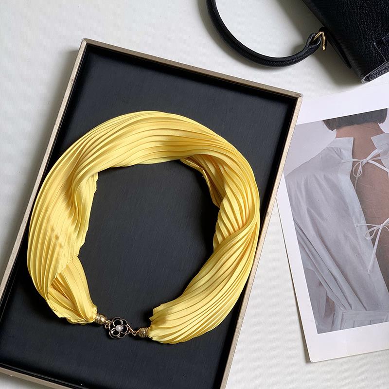 Новый монохромный магнитный шелковый шарф-ожерелье для женщин, плиссированный летний солнцезащитный головной платок, декоративный шарф