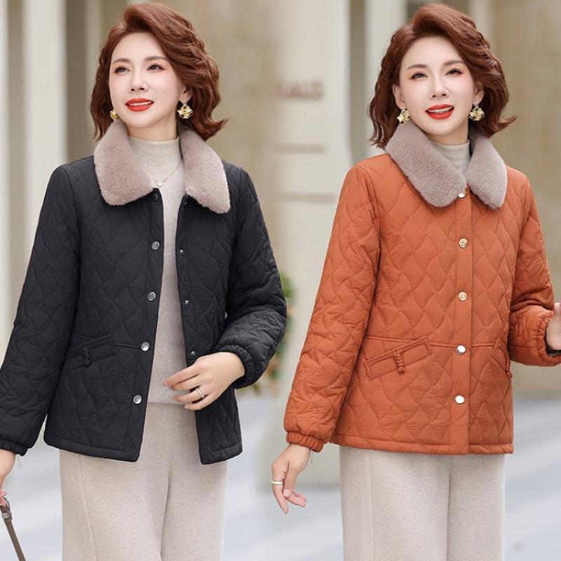 Medium Mother Fleece Thickened Cotton-padded Clothes Lapel Cotton Clothes Winter Warm Tops Middle-aged and Elderly Women's Short Coats