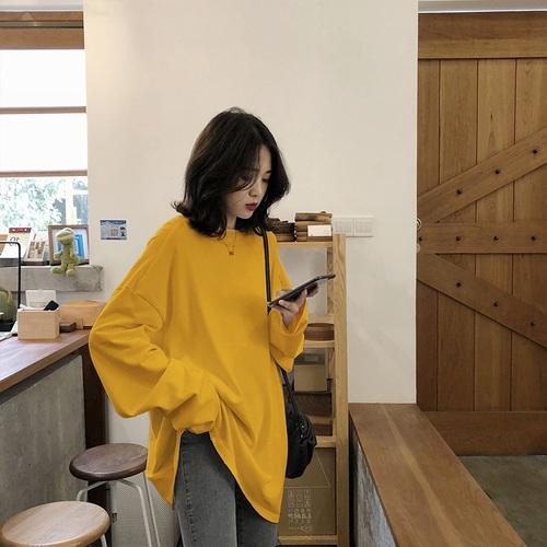 Spring Autumn Solid Simple Oversized T-shirts Harajuku Long Shirts Women Kawaii White Yellow Long Sleeve Tops