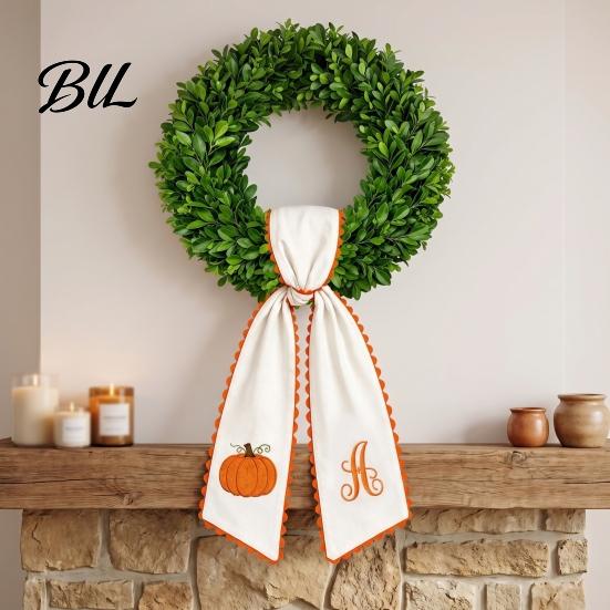 Festival Gift for Fall Decorating Halloween Pumpkin Wreath Sash Front Door Decor, Orange Scalloped Fabric Rustic Fireplace Mantel Trimmings