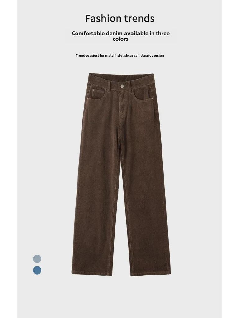 Женские коричневые вельветовые брюки широкого кроя: Высокая талия, ретро-стиль для мытья полов на осень и зиму