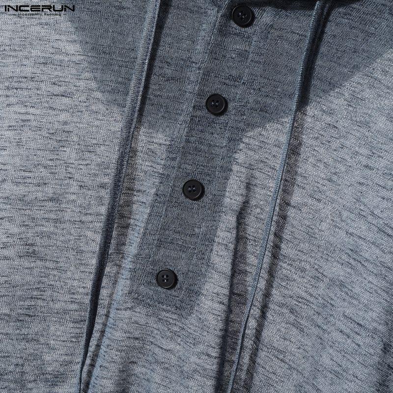 INCERUN Мужские прозрачные топы и футболки оверсайз с длинным рукавом, свободного кроя, с капюшоном на шнурке