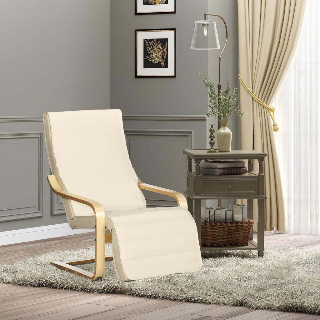 Lounge Chair with Cushion, 5-Level Footrest, Birch Wood, Up to 120 kg, 66.5 x 94 x 100 cm, Cream White