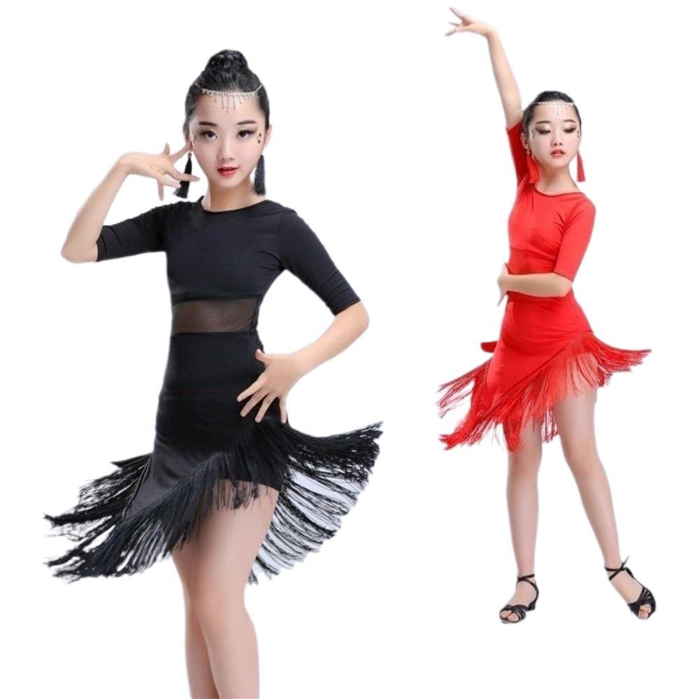Black Red Ballroom Dance Costume Cha Cha Samba Stage Outfits Kids Latin Dance Dress  Show Costumes