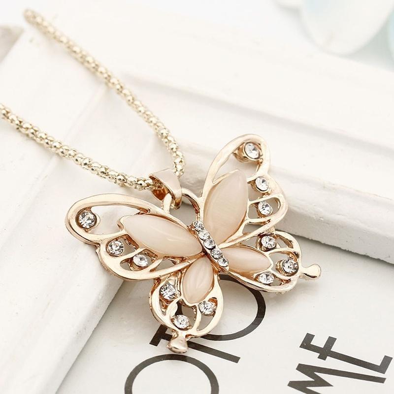 Новая мода ожерелье с подвеской в ​​виде опаловой бабочки, розовое золото, свитер, цепочка, длинное ожерелье для женщин и девочек, ювелирные изделия