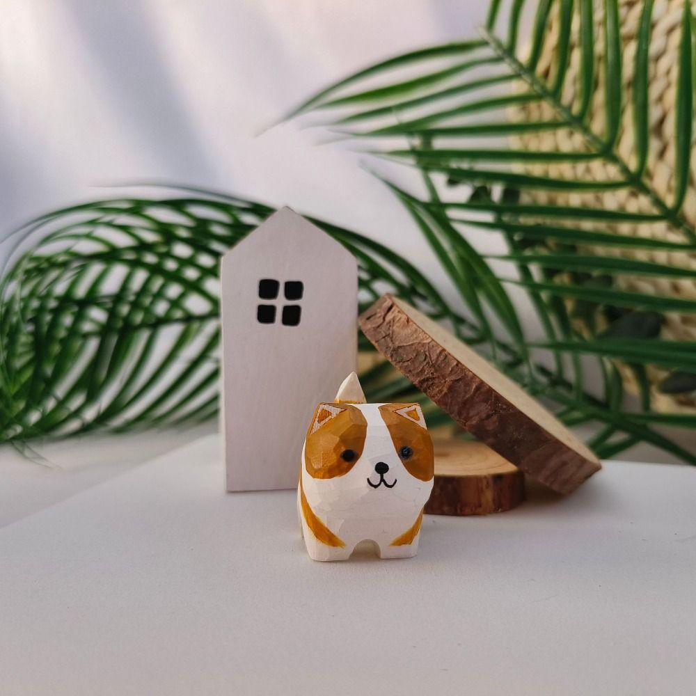 Mini Cat Dog Statues Painted Small Animal Dolls Desktop Accessories Wooden Animal Figurine Home