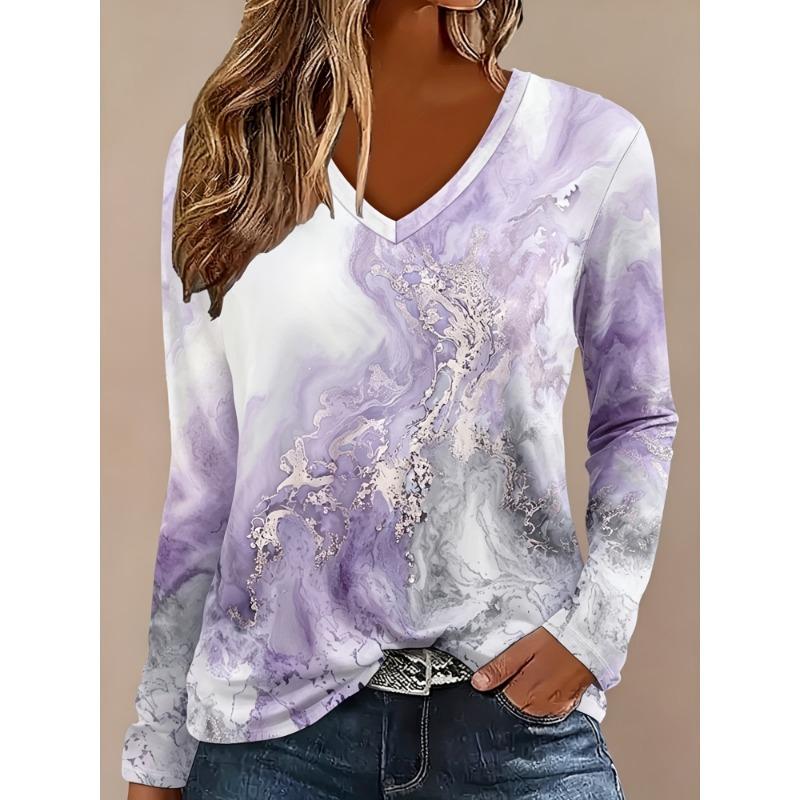Women's Elegant V-Neck Long Sleeve T-Shirt Blue and White Marble Pattern