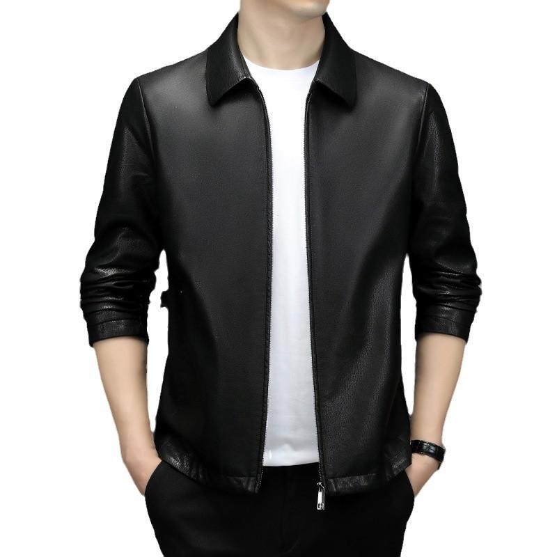 Куртка из натуральной овчины, мужская повседневная кожаная куртка, пальто для мужчин среднего возраста с отворотом Daddy Lapel, весенне-осенний стиль