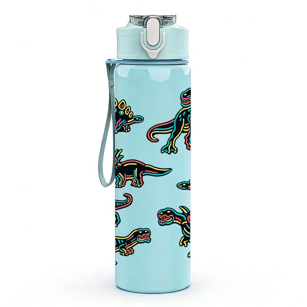 1PC Dinosaur Group Jurassic Theme Print 750ml Color Plastic Sports Water Bottle Leakproof Flip Straw Lid Suitable for Sports Office Home Use