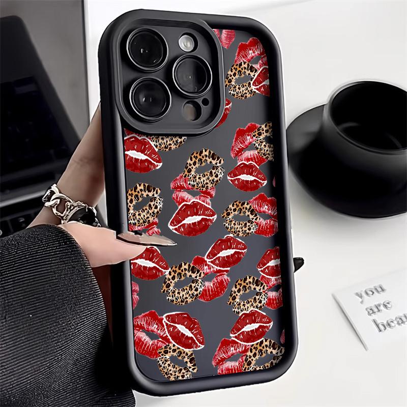 Black And Red Lips Kiss Print Phone Case For 13 Case 16 Pro 11 12 14 15 17 Pro Max 16e XR XS Soft Silicone Cover
