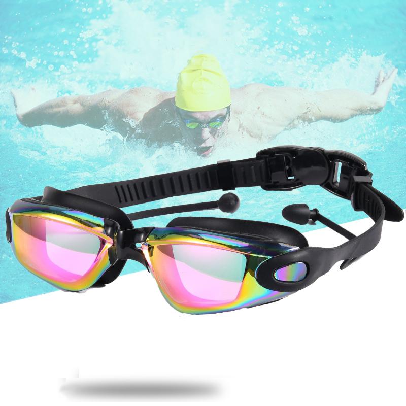 Adult Electroplated Swimming Glasses HD Waterproof Anti-fog Swimming Goggles Teenager Water Sport Eyewear With Earplug Men Women
