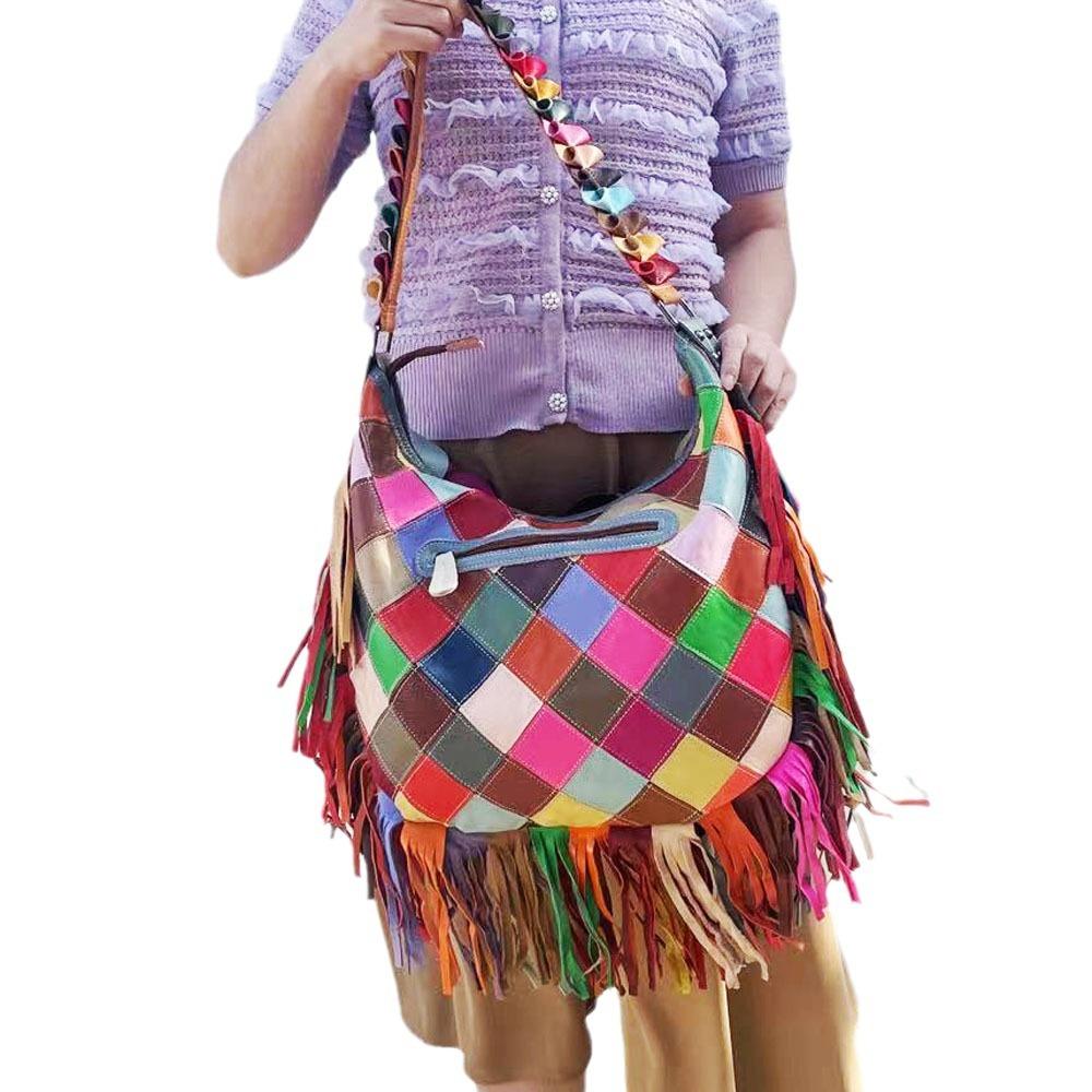 Женская сумка Цветная бахрома из овчины Сумка через плечо Сумка Стиль Кожаная сращивание листьев Сумка