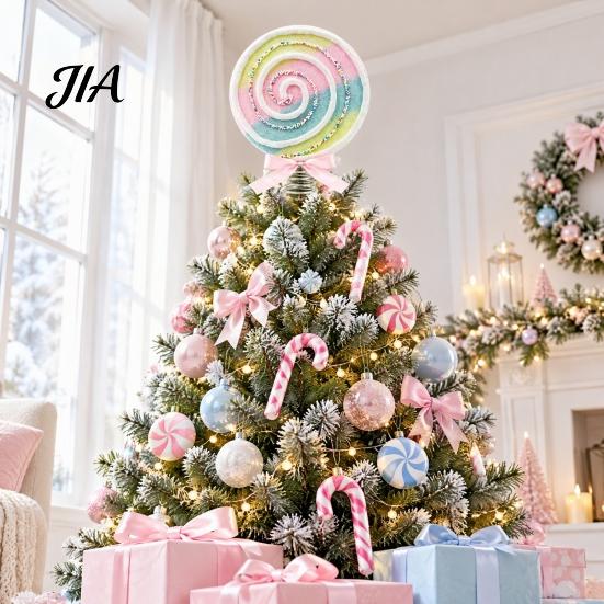 Candy Themed Party Supplies Macaron Spiral Lollipop Christmas Tree Topper, Foam Ornament with Colorful Fake Sweets Bow, Sweet Decoration Prop